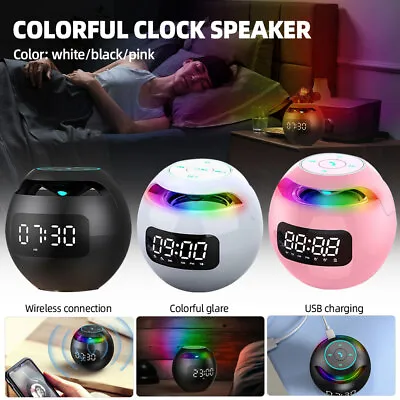 Night Light Digital LED Alarm Clock TF/FM Radio Bluetooth Speaker Round Bedside • £12.55