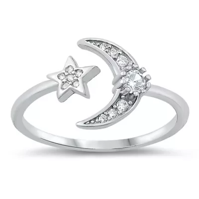 Clear CZ Cute Thin Crescent Moon Star Ring .925 Sterling Silver Band Sizes 4-10 • $15.95