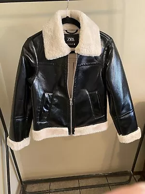 Zara Black Shiny Faux Leather Faux Shearling Lined Jacket - Collared  -  XS • $12