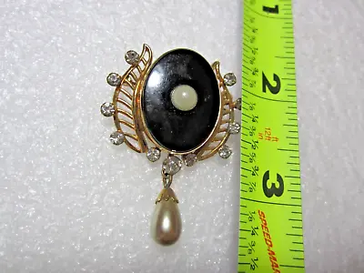 Van Dell Vintage Pendant Brooch 1/20 12kt GF Black & Rhinestone  Faux Pearl PIN • $15.29