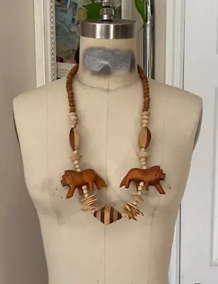 VINTAGE Safari African LIONS Animal Carved Wood Statement Collar Necklace • $13