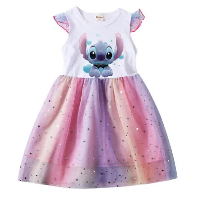 £9.56 • Buy Lilo Stitch Cartoon Dress Girls Rainbow Star Mesh Party Pleated Tutu Skirt Gift