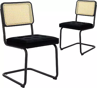 Mid Century Modern Dining Chairs Set Of 2 Velvet Rattan Dining Room Kitchen Sid • $163.99