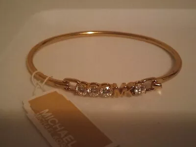 Michael Kors MK Logo Gold Stainless Steel Bracelet Crystals Bangle Hinge $125 • $40