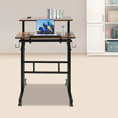 Mobile Stand Up Desk Mini Standing Table Adjustable W/ Wheels For Office Home • $52.99