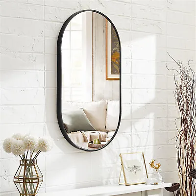 Modern Black Metal Framed Bathroom Mirror Wall Mounted Oval Makeup Mirror Decor • $69.92