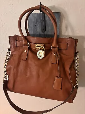 Michael Kors Large Leather Hamilton Tote Bag Gold Chain Lock Acorn Tan • $18