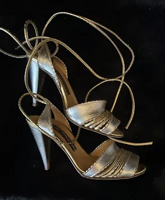 Maud Frizon Vintage 80s Gold Silver High Heels Shoes Ankle Wrap Strap Size 6 • $50