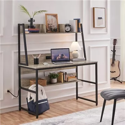 Large Modern Computer Desk Vintage Home Office Desk W/Power Outlet And Bookshelf • $98.99