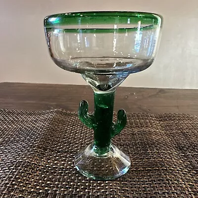 Hand Blown Green Rim Margarita Glass Bubble Glass Cactus Stem • $17.85