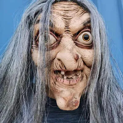 Old Woman Witch Mask With Long Halloween Latex Mask Scary Horror Cosplay Costume • £10.95