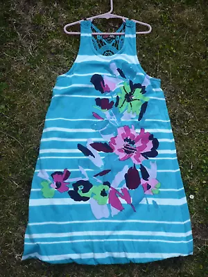 Girls Yumi Summer Dress Turquoise White Floral Crochet Stripe Beads Age 11 - 12 • £3