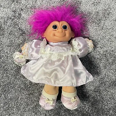 Vintage Troll Doll Soft Plush Body Bright Purple Hair Purple Satin Dress • $15.21