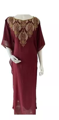 Ladies Jalabiya Farasha Diamante Dubai Abaya Maxi Dress Embroidery (4)- Burgundy • £10