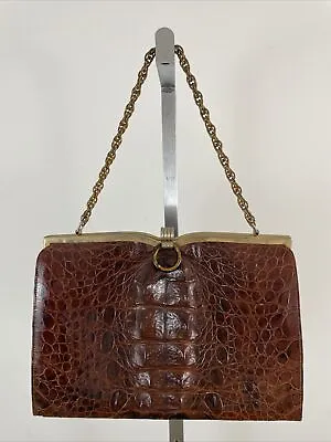 Vintage Brown Horned Crocodile Framed Handbag With Chain Strap • $31