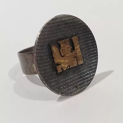 Vintage Peru Sterling Silver & 18 Kt. Gold Mayan Adjustable Ring • $59.99