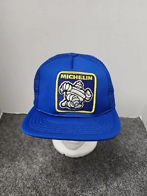 Vintage Michelin Man Tire Trucker Hat Mesh Snapback Blue With Spell Out Patch • $18.99