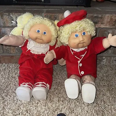 Cabbage Patch Twin Dolls Girl Boy Lemon Blonde Hair Red Velour Outfits • $69.95