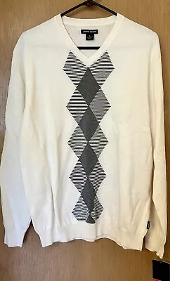 Pierre Cardin  Sweater Mens V Neck Argyle Gray White Pullover Cotton Lg • $24.99