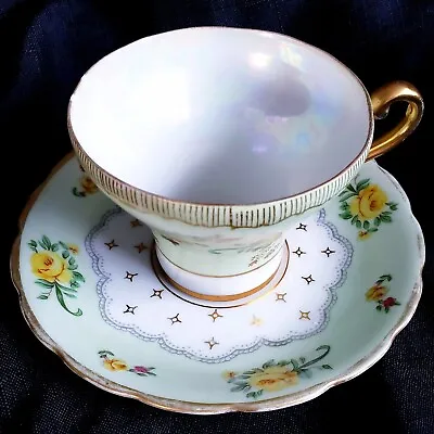 Vintage Ucagco Iridescent Tea Cup & Saucer Japan Yellow Rose Floral Porcelain • $16.42