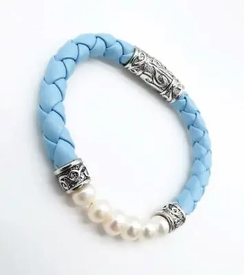 GORGEOUS Blue Braided Cord Pearls Antique Filigree Magnetic Clasp Bracelet • $21.59