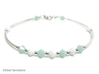 Mint Green & White Swarovski Crystals & Sterling Silver Elegant Bangle Bracelet • £25