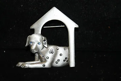 Signed J.J. Vintage Dog Puppy Dalmation Pin Brooch Pewter & Blue Jewel-like Eye • $10