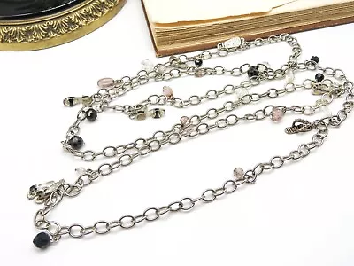 Retro Long Silver Black Enamel Rhinestone Flip Flop Sandal Charm Necklace J39 • $14.44