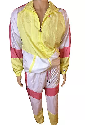 🔥 Men’s Champion Yellow Pink & White Track Suit Windbreaker Set NWT Small 🔥 • $99.98