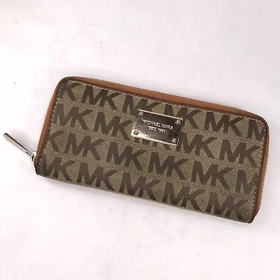 Michael Kors Signature MK Brown Khaki Jacquard Canvas Zip Around Wallet • $38