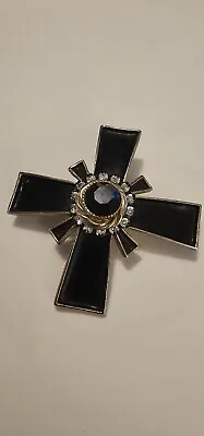 Unsigned HAR Vintage Maltese Cross Brooch Pin Black Enamel Gold Tone Rhinestones • $35