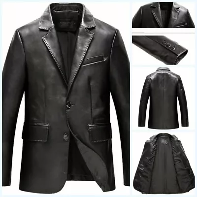 Men's Leather Jacket Real Sheepskin Two Button Business Long Sleeve Blazer Lapel • $138.05