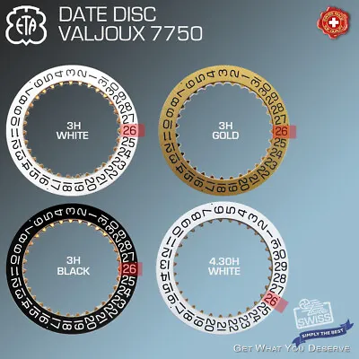 $20 • Buy Date Disc For Movement Eta Valjoux 7750, 3h: White, Black, Gold. 4.30h White