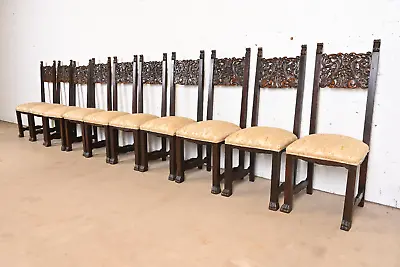 R. J. Horner Victorian Ornate Carved Oak High Back Dining Chairs Set Of Ten • $6500