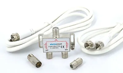 2 Way F Splitter Kit For Cable TV CATV Broadband Virgin Media Inc 2x 1.5m Cables • £4.99