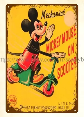 LINEMAR WIND-UP MICKEY MOUSE ON SCOOTER TOY tin Sign Metal Kitchen Signs • £18.38