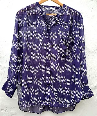 ZARA Large Blue & White SHEER Polyester Geo. Long-sleeved  Blouse Top Shirt • $13.99