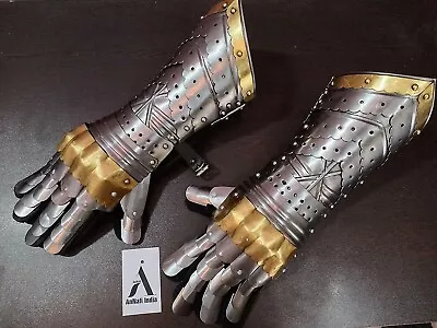 Brass Medieval Accents Gauntlet Gloves Knight Crusader Steel Armor Larp Costume • $69.99