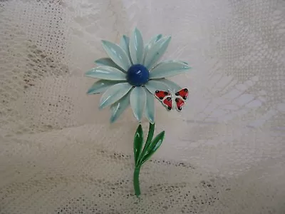 Vintage ENAMEL FLOWER Pin Brooch BLUE GREEN  W/ Butterfly SPRING Floral FASHION • $13