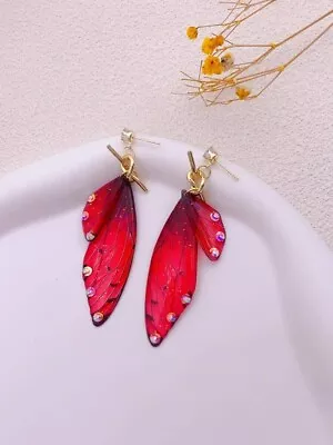 Butterfly Wings Earrings Deep Red-Pink With Rhinestones Gold Top Push Close • $24.45