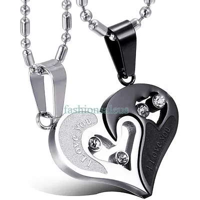 2pcs Heart Couple Necklace Set  I LOVE YOU  Stainless Steel Pendant Chain Gift • $9.69