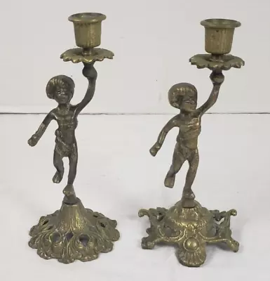 Vintage Pair Of Solid Brass Cherub Angel Candle Stick Holders • $27.99