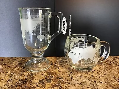 2 Vintage Globe Glass Mug Cup NESTLE 2.75”/5.50” Etched Frosted World Map • $9.95