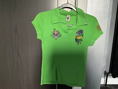 Ed Hardy By Christian Audigier Green Polo Shirt With Skull Heart And Rose Print • £5