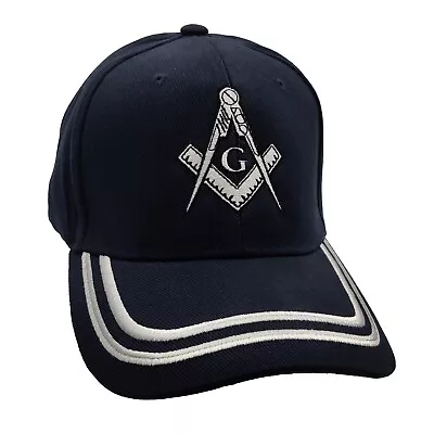 Masonic Logo W/ WG Stripes Cotton Cap - Navy Blue (White Logo) • $12.50