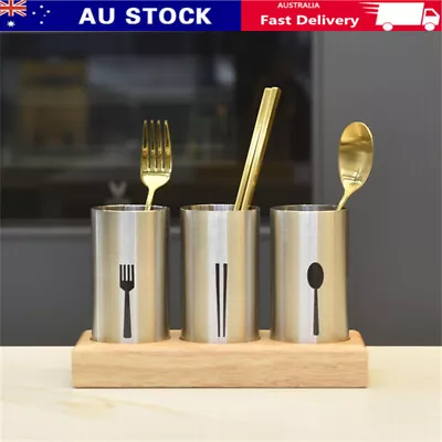 $39 • Buy Home Stainless Steel Utensil Cutlery Holder Caddy With Wooden For Kitchen
