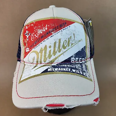 MILLER LITE DISTRESSED Blue & Beige MESH ADJUSTABLE CAP MILLER BEER TRUCKER HAT • $15.29