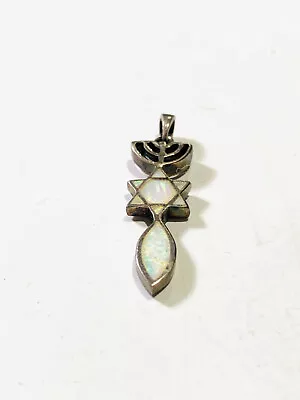 Vintage Sterling Silver Menorah Opal Inlay Star Of David Pendant • $41