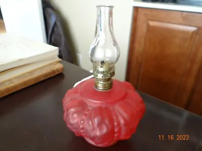 1850-1906 Victorian Miniature  Beaded Crinkle  P&A Red Satin Glass Oil Lamp • $50