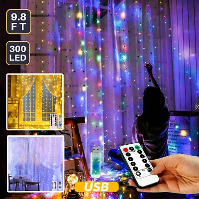 $10.98 • Buy 300 LED Curtain Fairy String Lights USB Window Hanging Wedding Party Xmas Decor